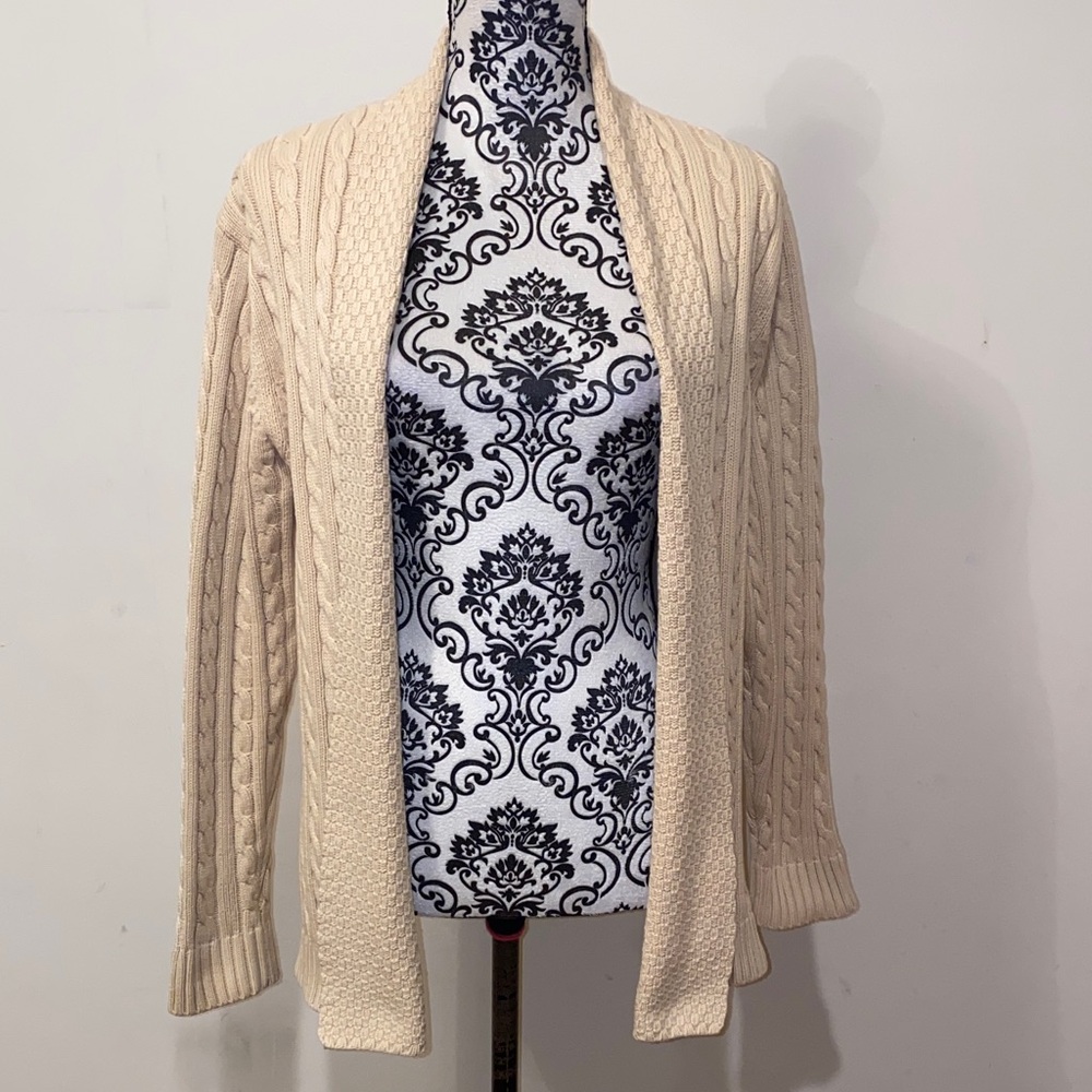 Vintage L.L. Bean Cream Open-Front Cable Knit Cardigan Sweater Size Large